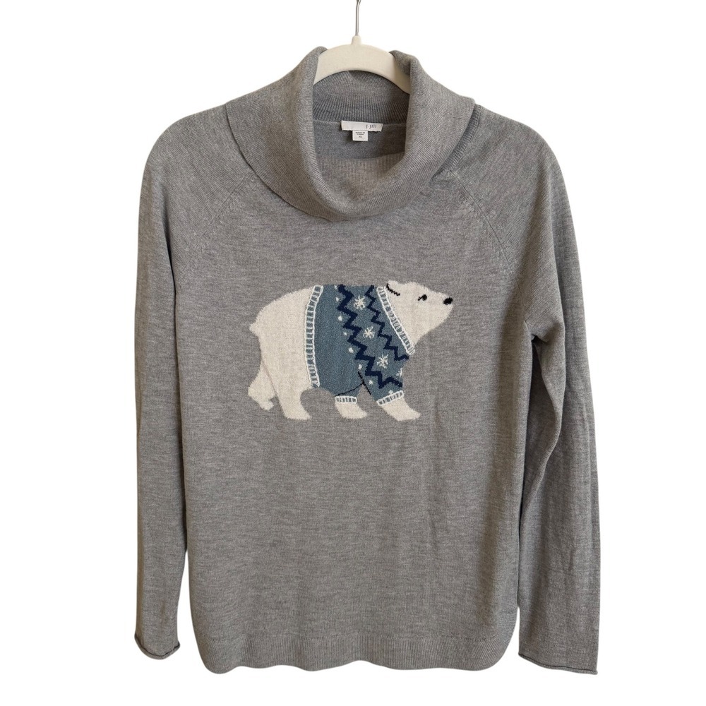 J Jill Gray Polar Bear Snowflake Fair Isle Cowl Neck Sweater Women's XS Gray